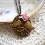 Kissing Couple Pendant - Bird Necklace - Lilac..