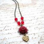 Flower Necklace - Heart Necklace - Maroon Flower..