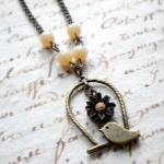 Bird Cage Pendant - Bird Necklace - Brown And..
