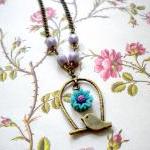 Bird Cage Pendant - Bird Necklace - Purple..