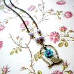 Bird Cage Pendant - Bird Necklace - Purple..