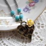 Heart Necklace - Flower Cabochon Necklace -..