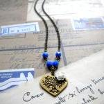 Heart Necklace - Blue White Flower Cabochon..