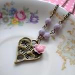 Heart Necklace - Lilac Flower Cabochon Necklace