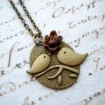 Cute Kissing Bird Bronze Pendant - Brown Flower..