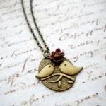 Cute Kissing Bird Bronze Pendant - Brown Flower..
