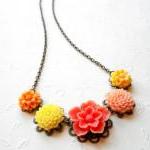 Flower Necklace - Peach Yellow Flower Cabochon..