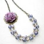 Bib Necklace - Purple Flower Necklace - Vintage..