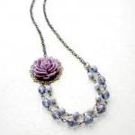 Bib Necklace - Purple Flower Necklace - Vintage..