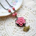 Pink Flower Necklace - Bridesmaid Necklace - Bird..