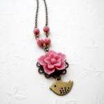 Pink Flower Necklace - Bridesmaid Necklace - Bird..