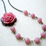 Flower Necklace Wint Pink Rose Cabochon -..