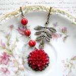 Red Flower Necklace - Leaf Pendant - Christmas..