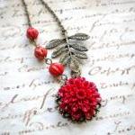 Red Flower Necklace - Leaf Pendant - Christmas..