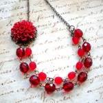 Red Flower Cabochon Necklace - Vintage Necklace -..