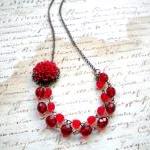 Red Flower Cabochon Necklace - Vintage Necklace -..