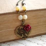 Vintage Necklace - Heart Necklace - Maroon Necklace - Flower Cabochon Necklace
