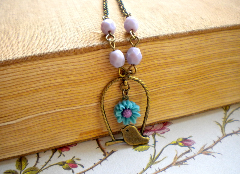 Bird Cage Pendant - Bird Necklace - Purple Necklace