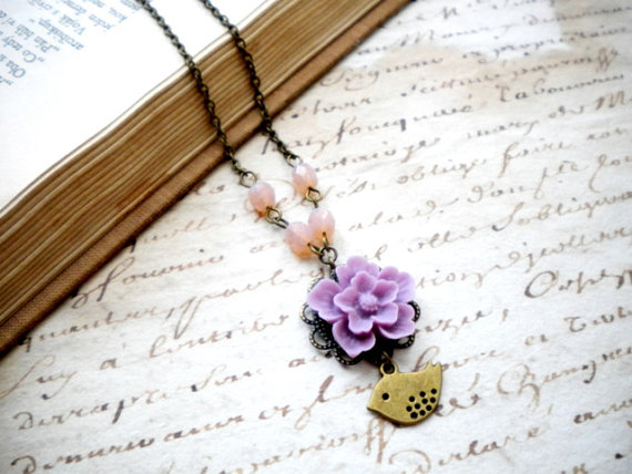 Lilac Flower Necklace - Bridesmaid Necklace - Bird Necklace - Vintage Necklace