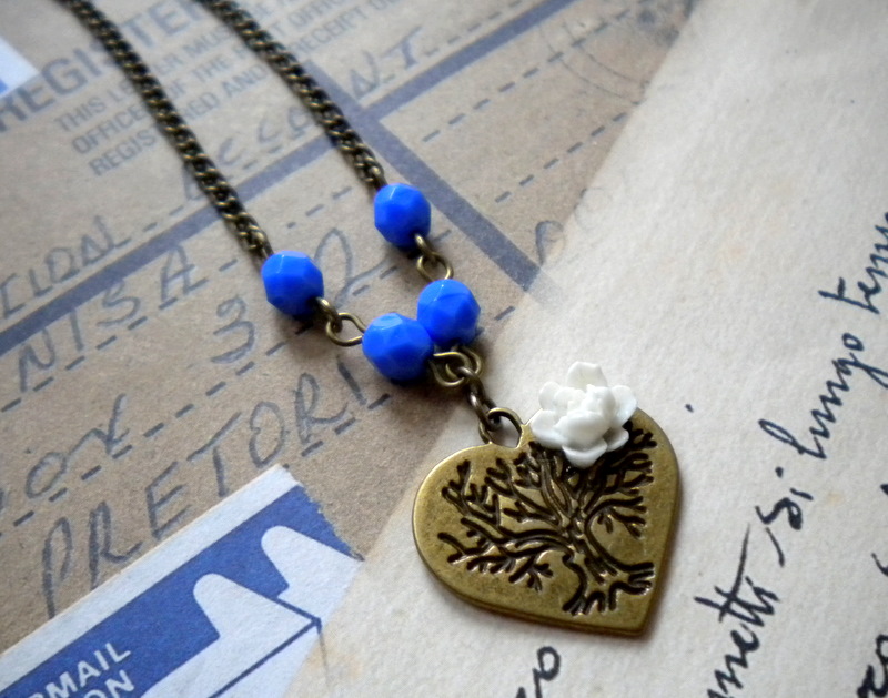 Heart Necklace - Blue White Flower Cabochon Necklace