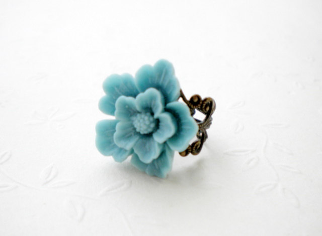Baby Blue Flower Cabochon Ring - Flower Ring - Vintage Ring