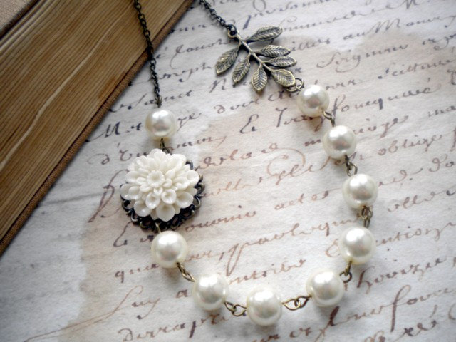 Bridal Necklace - White Glass Pearls - Vintage Bronze Leaf