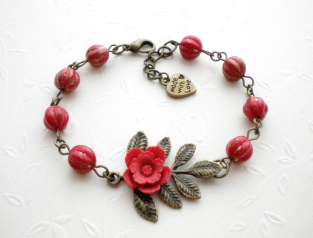 Flower Bracelet With Red Glass - Leaf Charm Bracelet