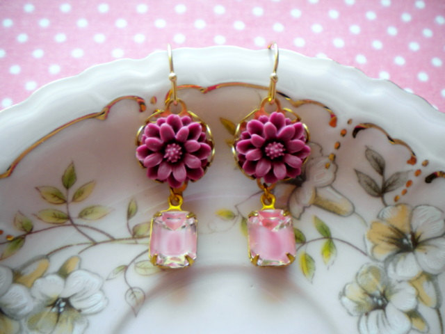 Flower Cabochon Earrings - Pink Fuschia Flower