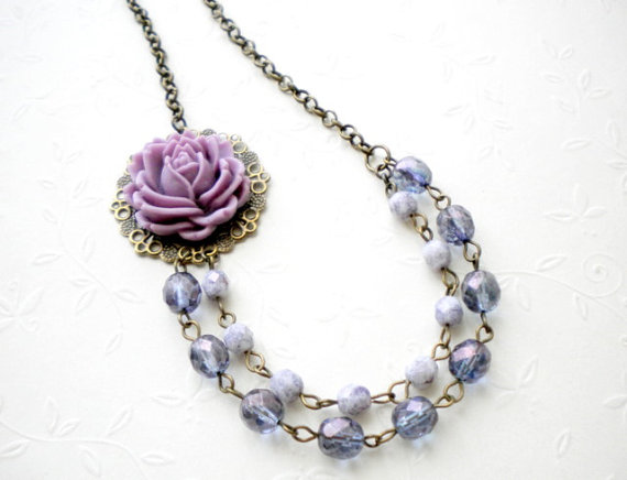 Bib Necklace - Purple Flower Necklace - Vintage Necklace - Bridesmaid Necklace
