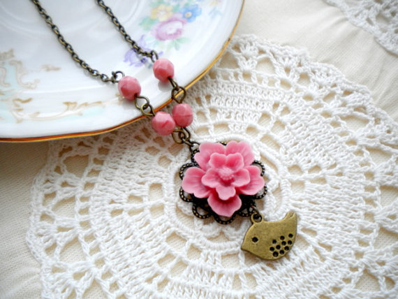 Pink Flower Necklace - Bridesmaid Necklace - Bird Necklace - Vintage Necklace