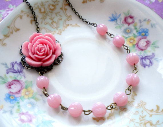 Flower Necklace Wint Pink Rose Cabochon - Bridesmaid Necklace