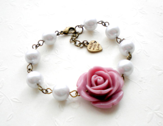 Bridesmaid Bracelet - Glass Pearl Bracelet - Purple Flower Bracelet