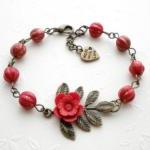 Flower Bracelet With Red Glass - Leaf Charm..