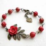 Flower Bracelet With Red Glass - Leaf Charm..