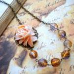 Bib Necklace - Peach Vintage Rose Flower Necklace